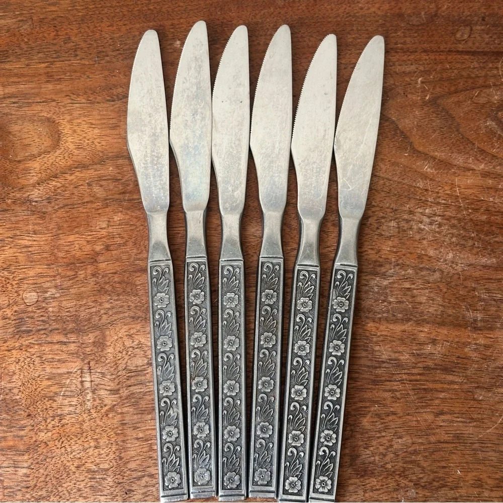 Stainless Knife Set Floral Design Flatware Butter Knives Vintage Kitchen MCM